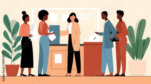 Voting process illustration: Diverse individuals engage in the democratic process, exercising their right to vote at a polling station, emphasizing civic duty and community involvement.