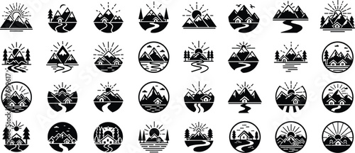 Collection of minimalist mountain landscape logo icons with sunrise, river, forest and cabin elements, black white outdoor adventure emblem set isolated on white background