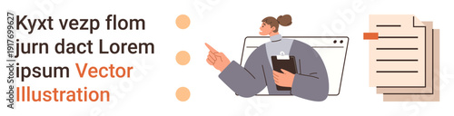 Organization, task management, digital learning, business planning, workflow, productivity. A woman in a professional outfit pointing at list icons beside a file document. Concepts of organization