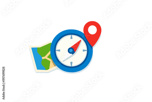 This vector illustration shows a blue compass with a red needle, a red map marker, and a folded map, symbolizing direction, travel planning, and geographical navigation.