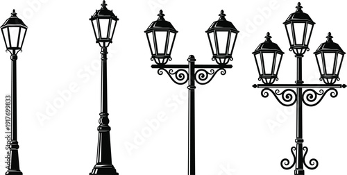 Classic vintage street lamp silhouettes collection, ornamental lamppost designs isolated on white background, urban outdoor lighting vector illustration