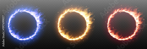 Collection of realistic fire rings with blue yellow and red flame effects vector illustration