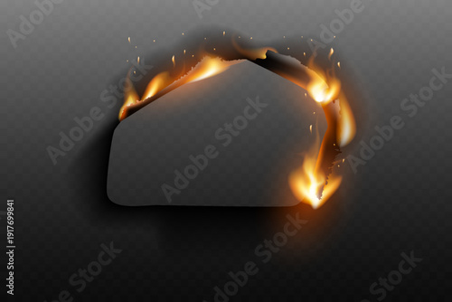Realistic charred paper border with glowing fire edges and falling sparks vector illustration