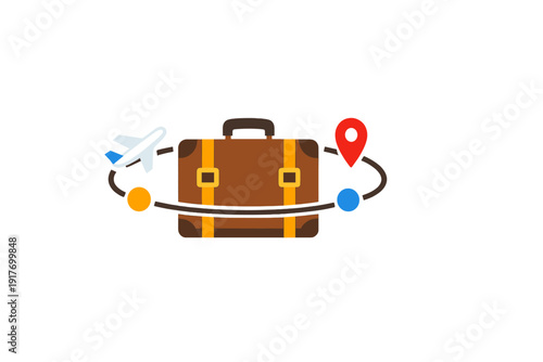 A flat illustration of a brown suitcase with yellow straps, surrounded by an airplane icon, a red location pin, and colored dots on an elliptical path against a black background.