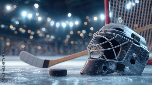 hockey stick, puck and goalie helmet on blurred bokeh background of hockey arena, match, blurred players and fans, out-of-focus stadium, rink, sport, game