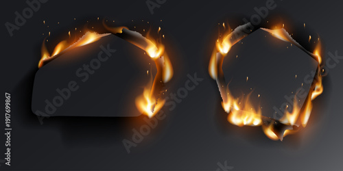 Dramatic burned sheets with bright orange flames and transparent centers vector illustration