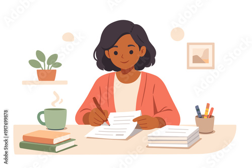 An illustration of a woman with dark skin writing at her desk. She is surrounded by books, a steaming cup, and office supplies in a warm, minimalist room with a small plant.