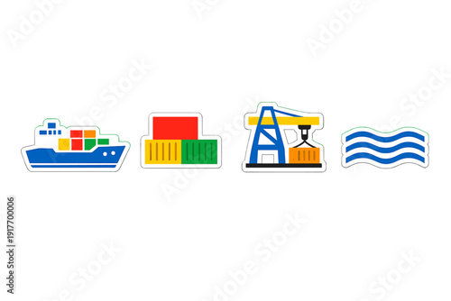 A set of four colorful flat icons representing maritime logistics and shipping, including a cargo ship, stacked containers, a port crane, and stylized blue ocean waves on a black background.