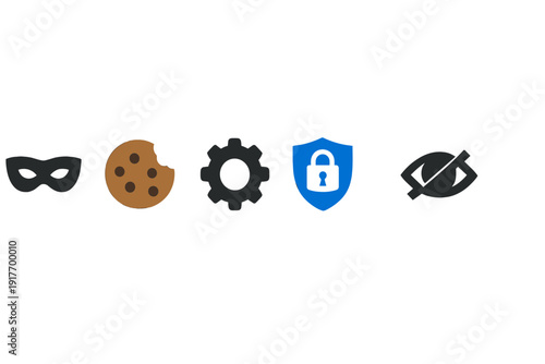 A row of five digital privacy and security icons including a mask, a bitten cookie, a gear, a blue shield with a padlock, and a crossed-out eye on a black background.