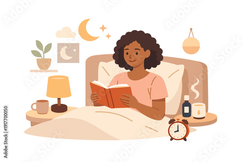 A young woman with dark curly hair relaxes in bed while reading a book. The scene includes a lamp, alarm clock, and moon symbols, creating a peaceful nighttime atmosphere in a flat style.