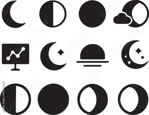 Celestial moon symbol collection icon set with lunar phases and night sky elements vector EPS.