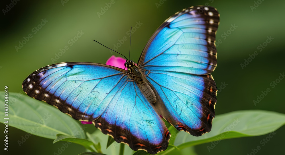 Obraz premium Blue Morpho Butterfly on Green Leaf