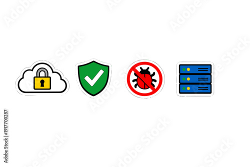 A set of four digital security icons featuring a cloud with a padlock, a green shield, a bug with a red slash, and a blue server rack against a dark textured background.
