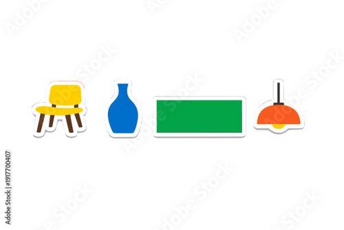 A collection of four interior design icons including a yellow chair, a blue vase, a green rug, and an orange pendant lamp, all presented as stickers on a black background.
