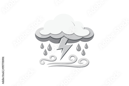 A stylized weather icon featuring a white cloud with a lightning bolt, raindrops, and wind swirls against a solid black background. It represents a severe thunderstorm.
