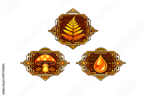 A set of three glowing orange icons depicting a fern leaf, a mushroom, and a liquid drop, each enclosed in a detailed mechanical frame against a dark background.