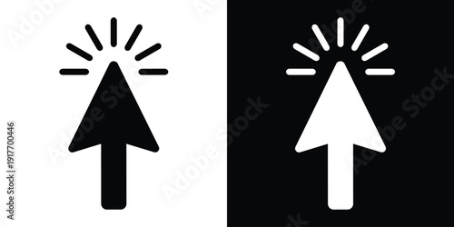 Bold solid upward arrow cursor icon with click rays. Clean black and white graphic for software navigation, selection tools, and interactive digital buttons. Professional flat design vector.