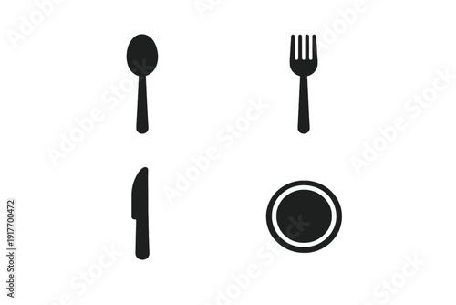 A collection of four black silhouettes representing common kitchen utensils and tableware. The set includes a spoon, a fork, a knife, and a round plate arranged in a grid.