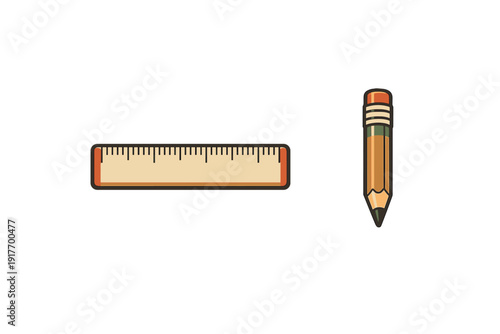 A flat illustration featuring a wooden ruler and a sharpened pencil isolated on a solid black background. The stationery items are depicted in a simple, minimalist graphic style.