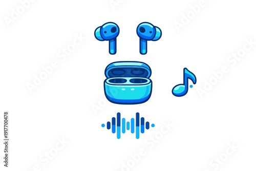 A vibrant blue vector illustration featuring a pair of wireless earbuds, an open charging case, a musical note, and a sound wave graphic set against a black background.