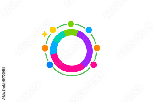 A vibrant circular graphic featuring a multicolored segmented ring surrounded by a green orbital line with small colorful dots and a yellow star on a black background.