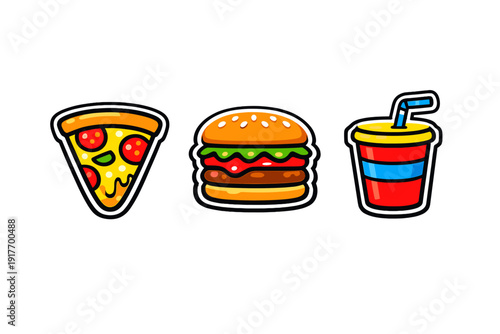 Three colorful cartoon icons of fast food items including a slice of pepperoni pizza, a sesame seed hamburger, and a red soda cup with a straw isolated on a black background.