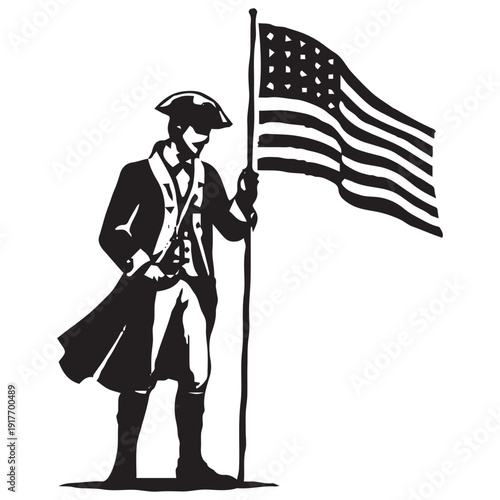 Colonial Minuteman Soldier Holding American Flag Pole - Revolutionary War Patriot Standing Silhouette Vintage