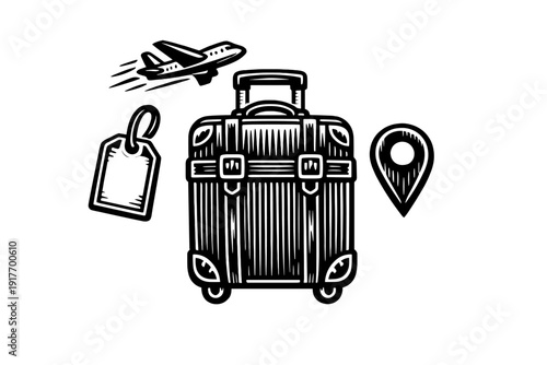 This monochrome graphic depicts a detailed travel suitcase with straps, accompanied by an airplane, a luggage tag, and a map marker pin, all rendered in a woodcut style.