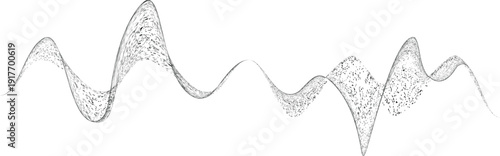 Noisy waveform line. Dynamic sound wave particles for music, audio branding, website banner, headers. Wave flow texture. Spray particles trace.
