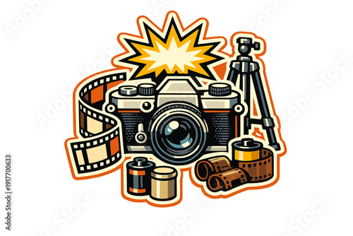 This graphic illustration features a classic analog camera with film strips, canisters, a tripod, and a starburst flash effect, presented in a bold sticker-like style.