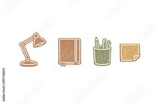 A set of four hand-drawn office supply icons including a desk lamp, a notebook, a pencil holder, and a sticky note, illustrated in a textured style on a solid black background.