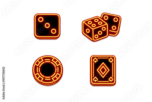 A set of four glowing neon orange casino icons on a black background, including dice, a poker chip, and a playing card. The icons feature a vibrant light effect and a dark backdrop.