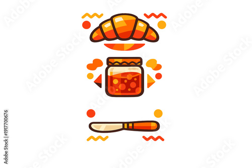 A stylized vector illustration featuring a golden croissant, a jar of fruit jam, and a butter knife arranged vertically against a black background with geometric decorative elements.