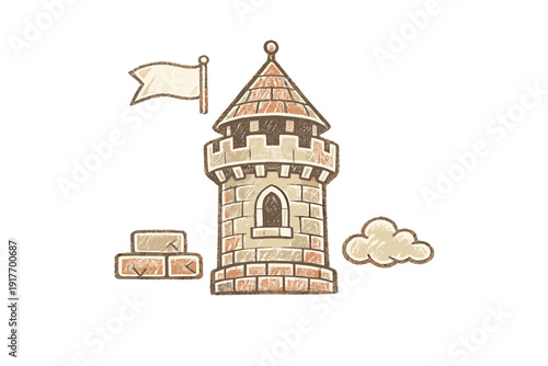 A hand-drawn illustration of a medieval stone castle tower with a conical roof, a flag, a small cloud, and loose bricks, set against a solid black background.