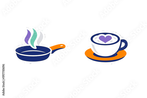 Two stylized stickers featuring a blue frying pan with colorful steam and a white coffee cup with a purple heart latte art on an orange saucer, set against a black background.