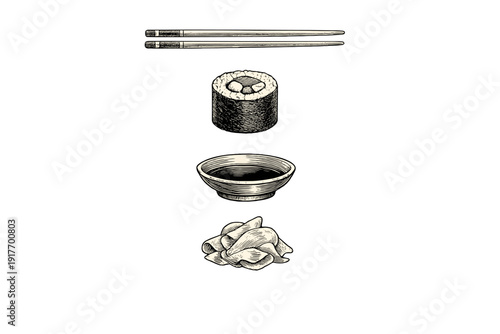 A black and white woodcut style illustration featuring a pair of chopsticks, a sushi roll, a small bowl of soy sauce, and a pile of pickled ginger arranged vertically on a black background.