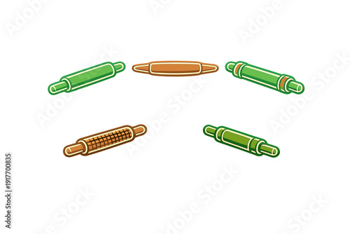 A collection of five stylized rolling pins in various colors and designs, including green and brown, arranged on a solid black background in a cartoon vector illustration style.