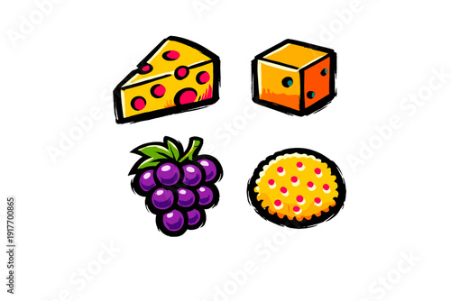 A collection of four stylized food illustrations including a wedge of Swiss cheese, a cube of cheese, a bunch of purple grapes, and a round cracker on a solid black background.