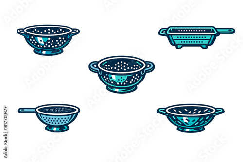 A collection of five stylized blue and white colander icons on a black background. The set includes various designs of kitchen strainers with different handle styles and hole patterns.