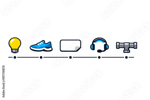 A horizontal timeline featuring five distinct icons: a yellow lightbulb, a blue sneaker, a blank white note, a headset with a microphone, and a grey pipe fitting on a dark background.