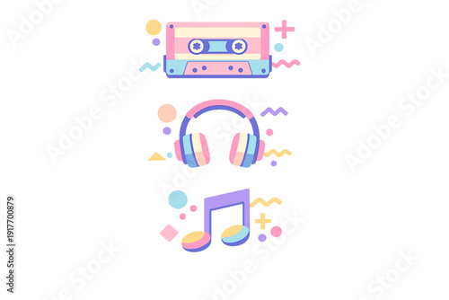 A set of three pastel-colored music icons including a cassette tape, headphones, and a musical note, surrounded by geometric shapes on a solid black background in a retro style.