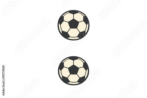 Two stylized soccer balls are positioned vertically on a solid black background. The graphic illustration features a minimalist design with cream and dark grey hexagonal patterns.