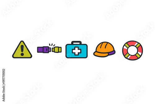 A collection of five safety-themed icons including a warning sign, seatbelt, first aid kit, hard hat, and lifebuoy, presented as stickers with white borders on a black background.