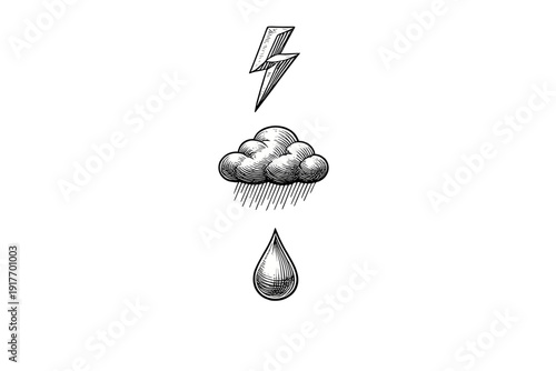 A vertical set of three hand-drawn weather icons including a lightning bolt, a rain cloud, and a single water droplet, all rendered in a classic woodcut style on a black background.