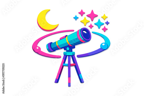 A vibrant 3D illustration of a colorful telescope on a tripod, surrounded by a crescent moon and bright stars against a dark background, featuring a pink and blue orbital ring.