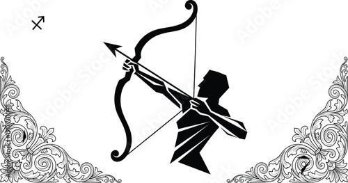Sagittarius zodiac sign archer silhouette with bow and arrow featuring ornamental floral frame for astrology horoscope prediction tattoo design and celestial mythology branding