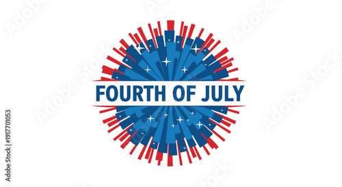 Patriotic fourth of July icon, vector fireworks burst with text, red white and blue colors