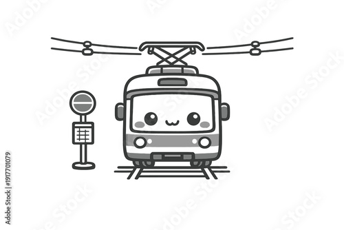 A cute minimalist illustration of a kawaii tram with a smiling face on tracks under power lines next to a stop sign. The grayscale line art features a friendly public transport vehicle.