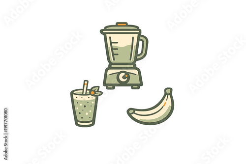A stylized illustration featuring a kitchen blender, a glass of green smoothie with a straw and mint garnish, and a single banana, all presented in a flat graphic design style.