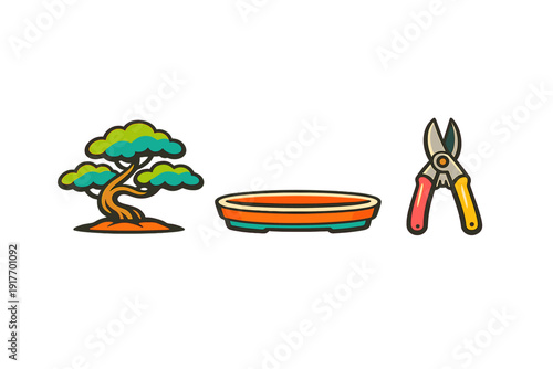A stylized illustration featuring a miniature bonsai tree, a shallow ceramic pot, and a pair of colorful pruning shears, all set against a solid black background.